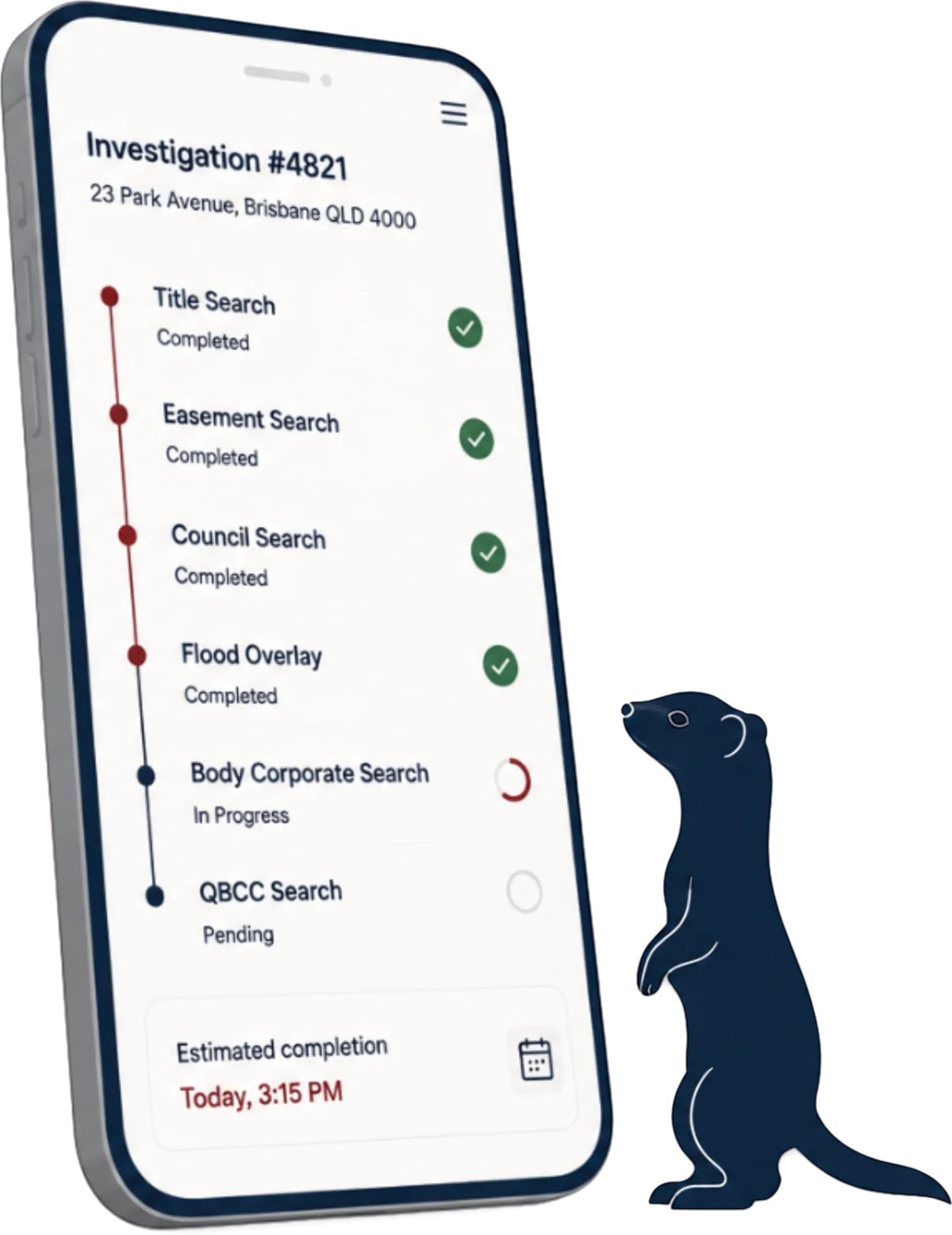 The Survey Ferret investigation dashboard on an angled phone, with the ferret mascot beside it